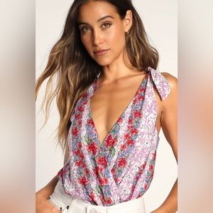 Lulus | Pink Floral Tie-Strap Bodysuit | Size Small